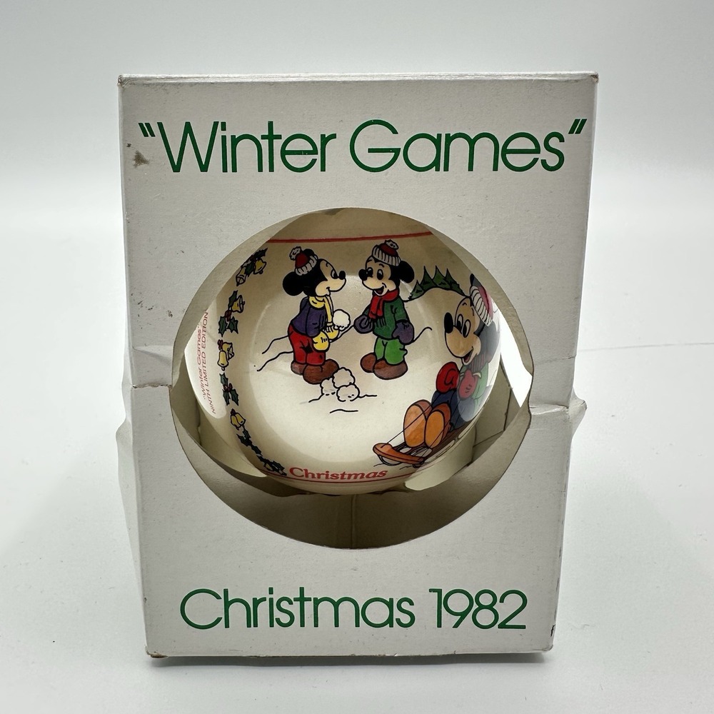 Schmid Disney 1982 Winter Games Round Christmas Ornament Mickey Mouse With‎ Box